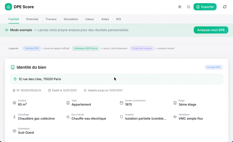 Exemple d'analyse DPE Score — score de fiabilité et potentiel d'amélioration